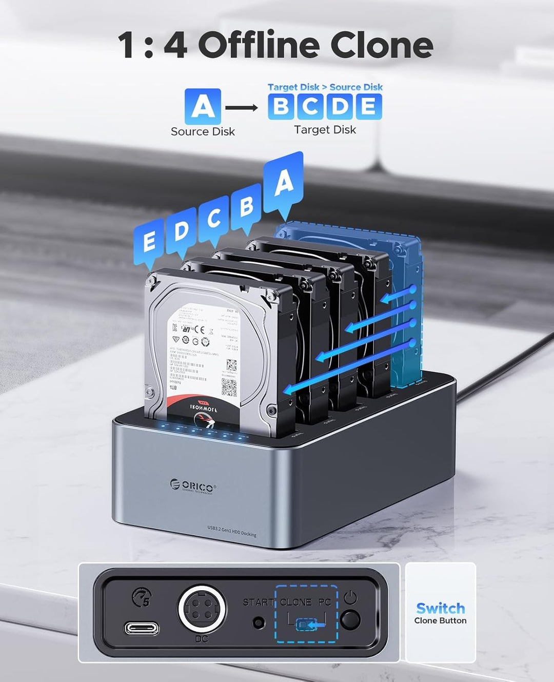 ORICO Aluminium Clone HDD Docking Station, 5 Bay Festplattengehäuse USB 3.2 Gen 1 für SATA 2,5/3,5 Z