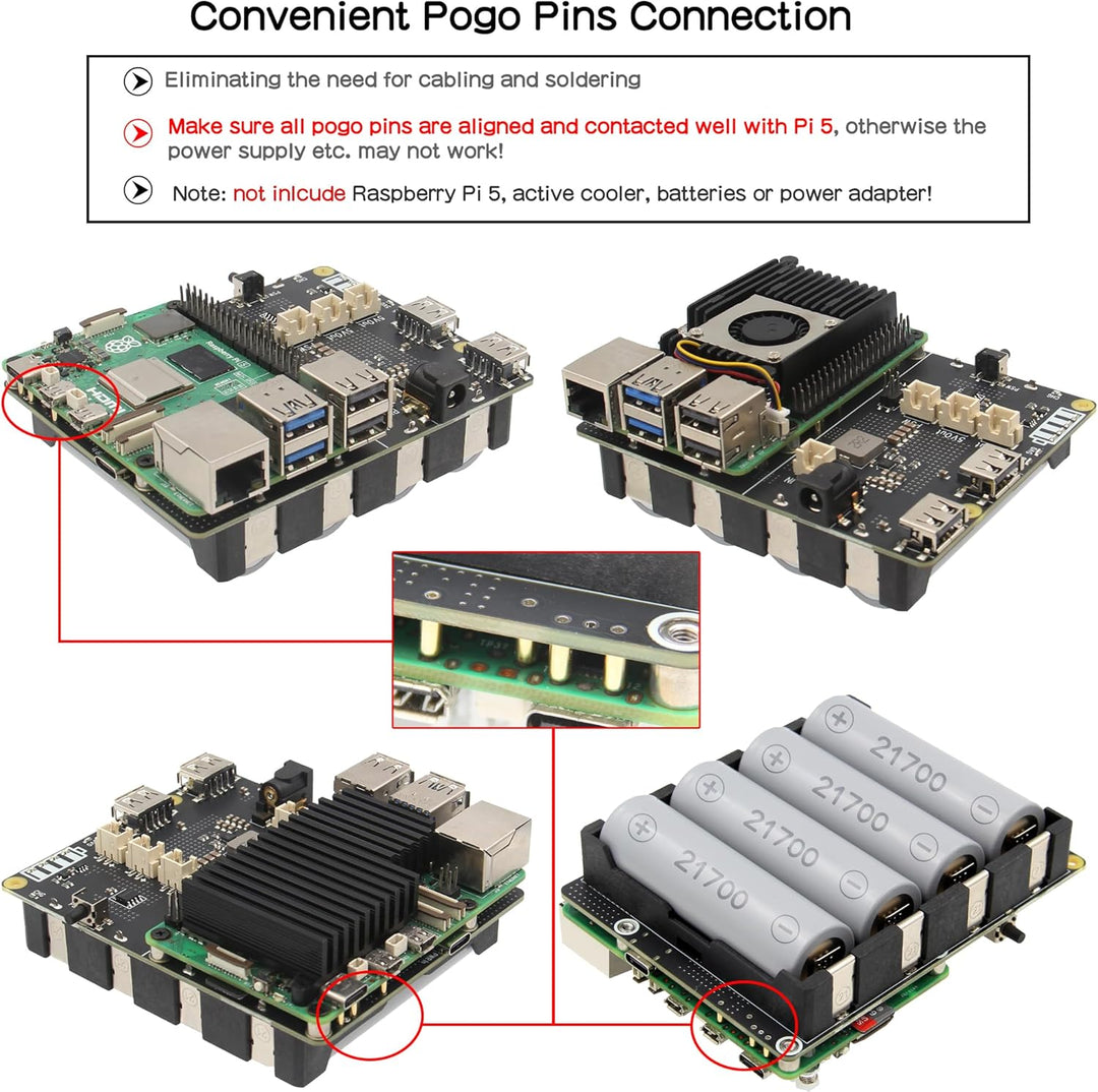 Geekworm X1206 4-Cell 5V UPS Shiled for Raspberry Pi 5, Max 5.1V 6A Output|Auto Power On|Safe Shutdo
