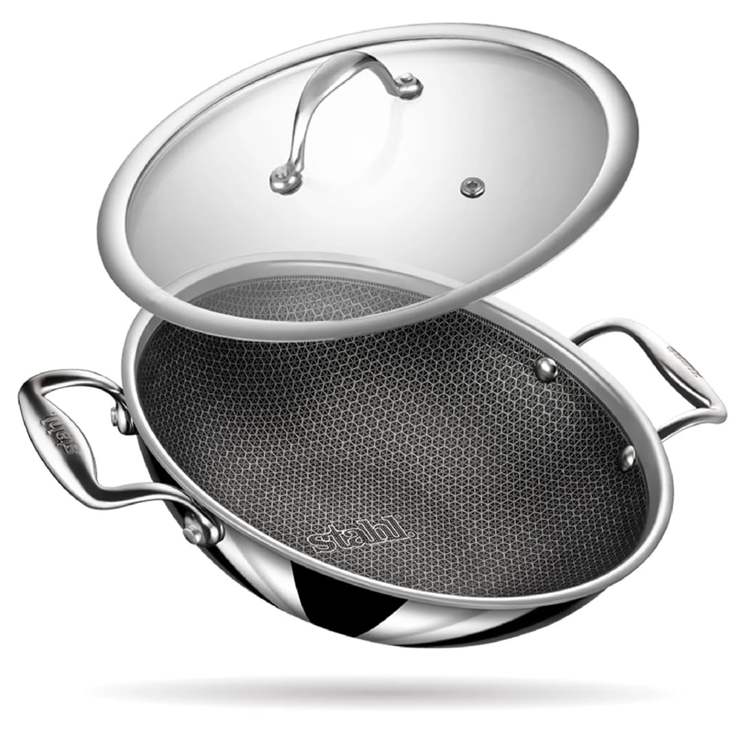 Stahl Triply Antihaft-Wok mit Deckel | Edelstahl-Wok mit Induktionsboden | Tri-Ply-Wok kratzfest | Ø