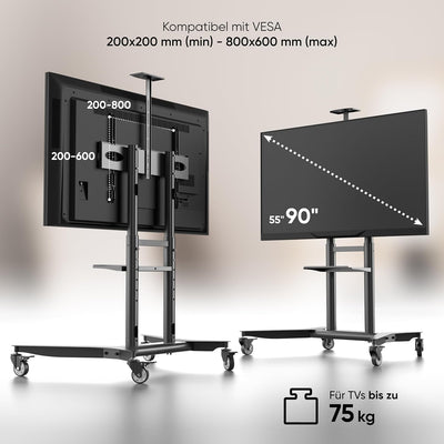 ONKRON TV Ständer rollbar für 55-90 Zoll TVs bis zu 75 kg, Fernsehständer höhenverstellbar 200x200-8