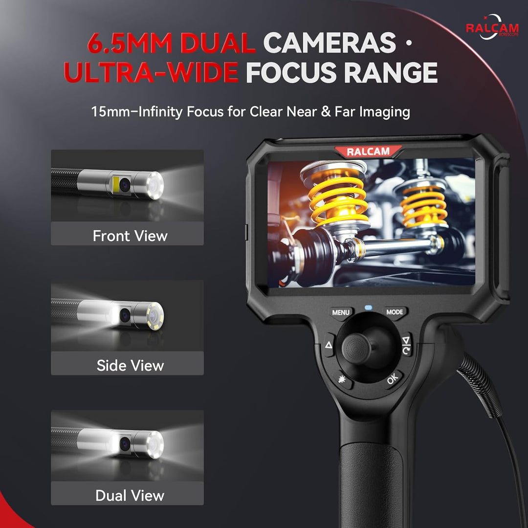 Ralcam Endoskopkamera mit Licht, Endoscope Camera mit 360° beweglichem Kopf, 6,5mm Dual-Sonde, 5" HD
