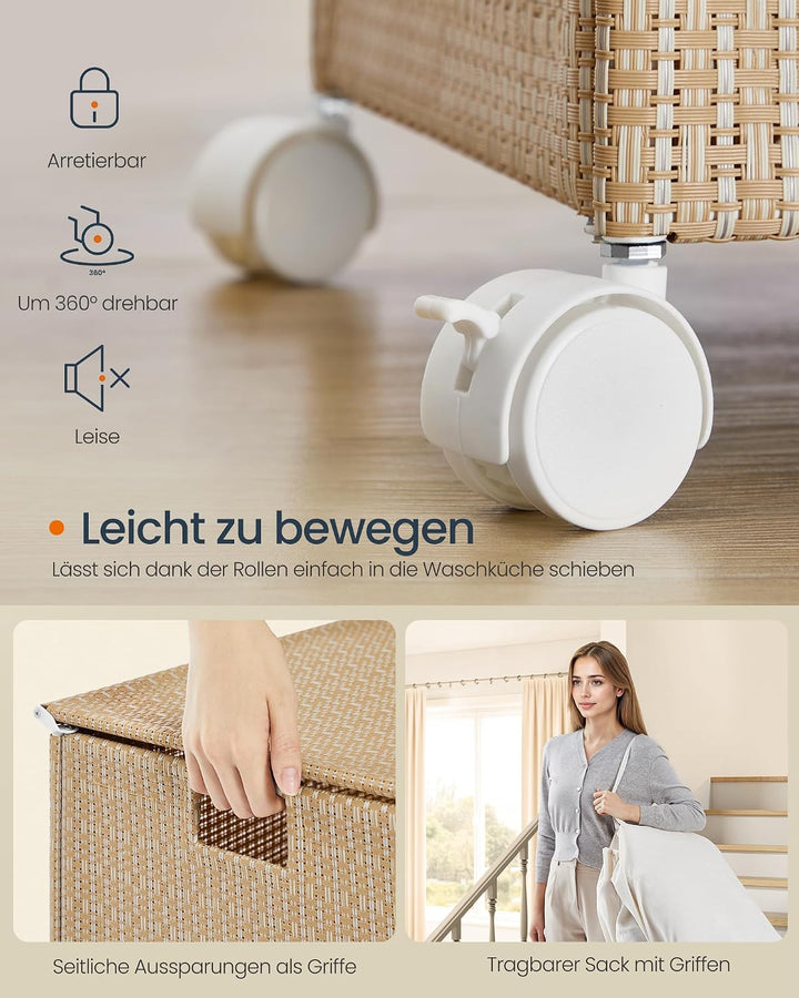 SONGMICS HOME Wäschekorb 3 Fächer, Wäschesammler 140 L, Wäschesortierer auf Rollen, mit Deckel, Wäsc