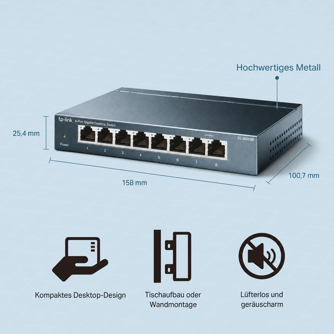 TP-Link TL-SG108 8-Port Gigabit Netzwerk Switch (Plug-and-Play, 8* RJ-45 LAN Ports, Metallgehäuse, I