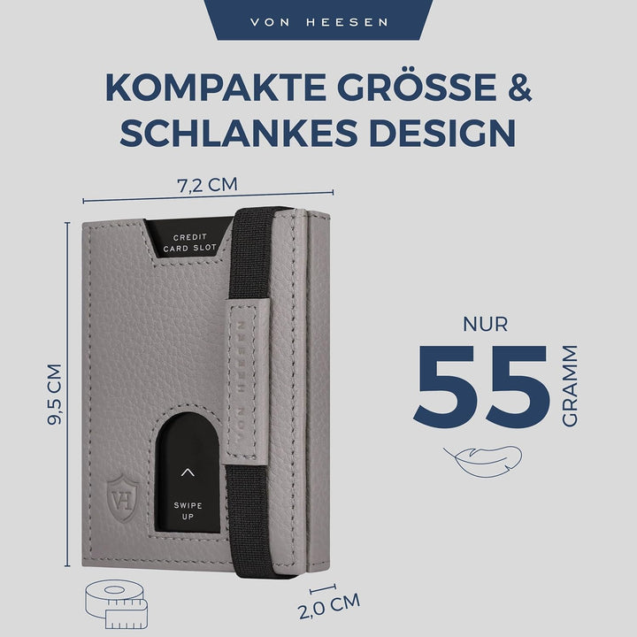 VON HEESEN Leder Slim Wallet - Geldbeutel mit RFID Schutz - Mini Geldbörse für Herren und Damen - Ka