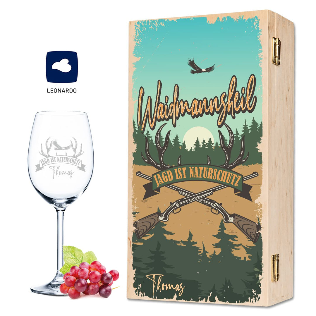 GRAVURZEILE Graviertes Leonardo Weinglas - Waidmannsheil Design - Personalisiert mit Name inkl. bedr