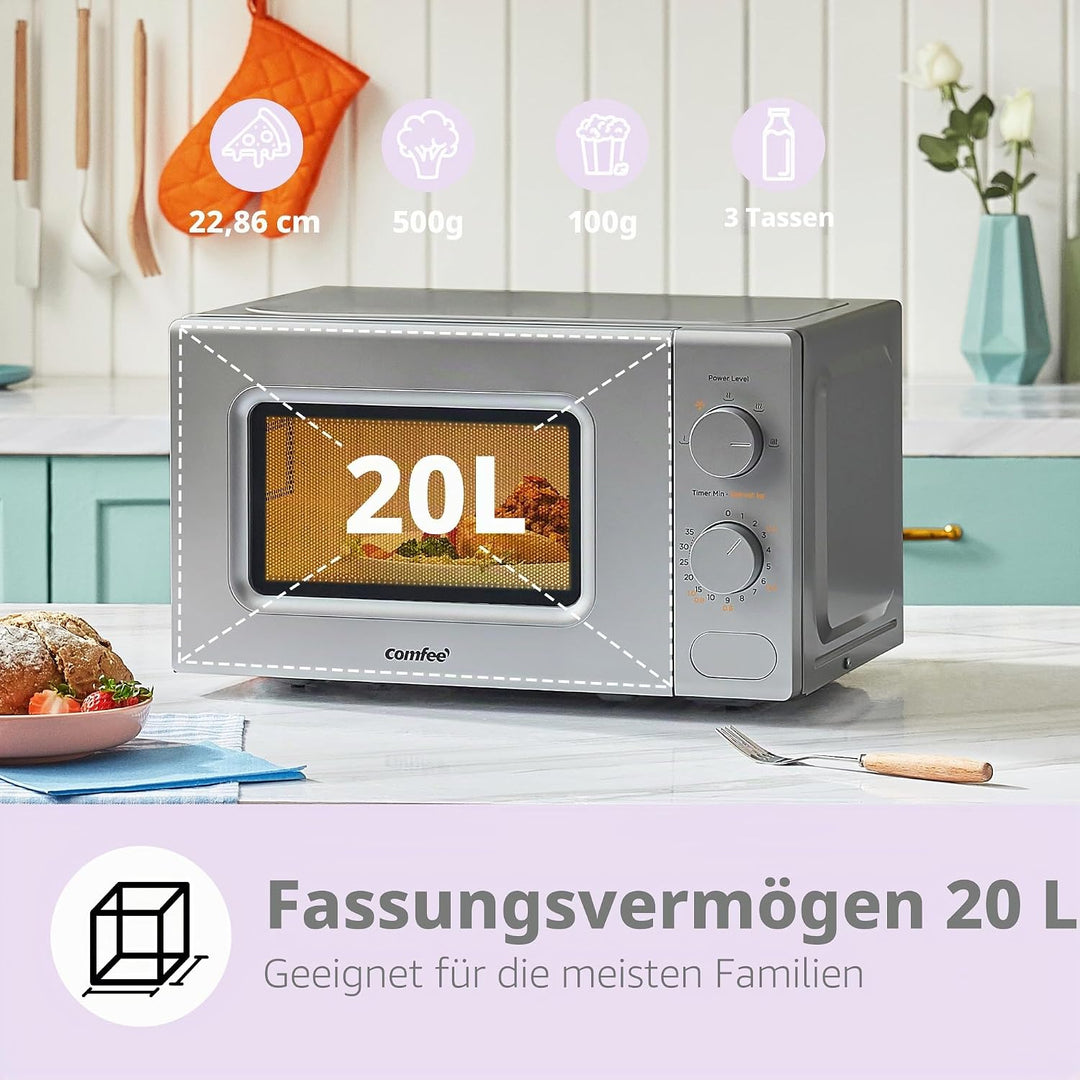 COMFEE' Mikrowelle grau, 20 Liter, 700 W, 5 Leistungsstufen, Schnellauftaufunktion, manueller Timer,