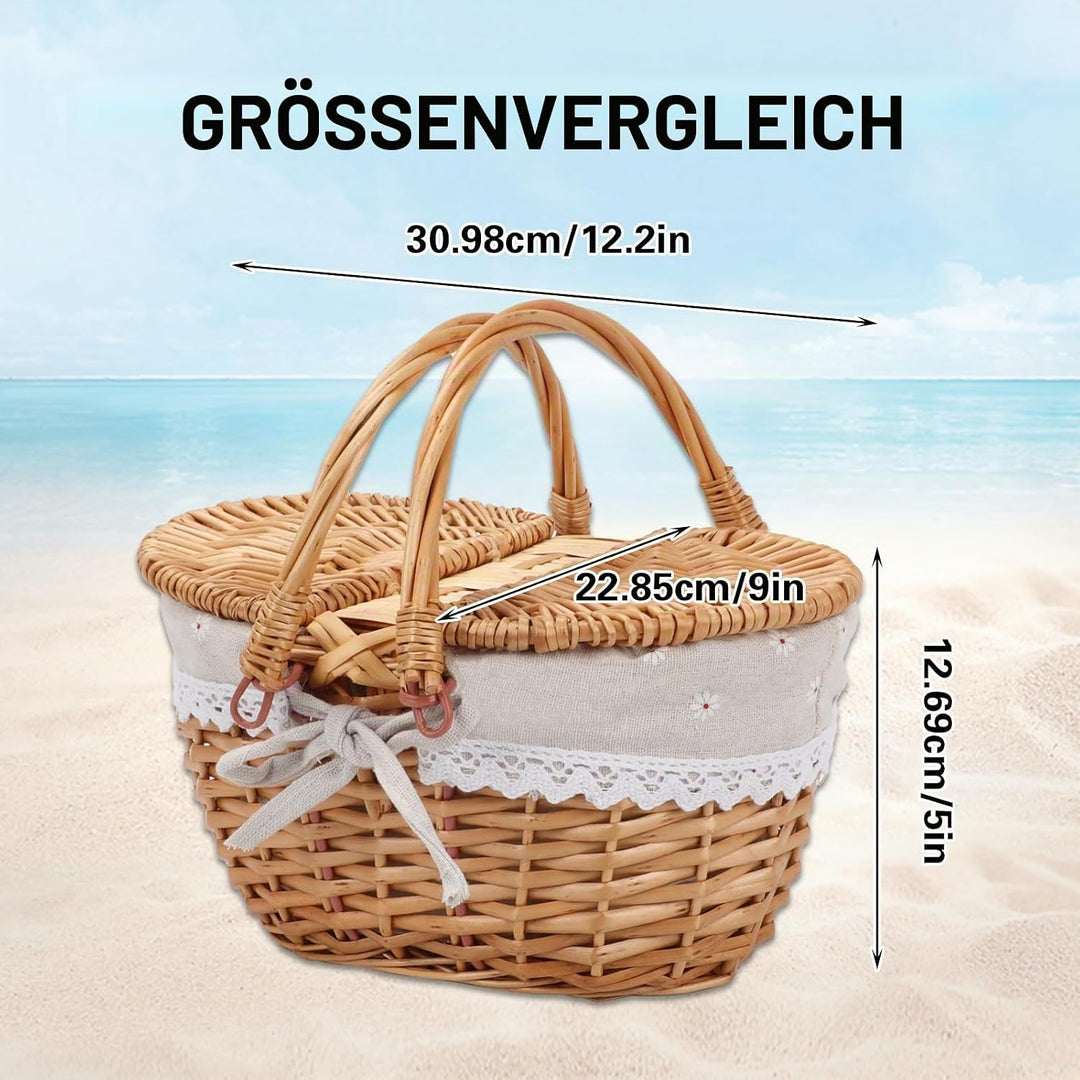 Weide Picknickkorb mit Deckel, Klein Tragbarer Weidenkorb mit Henkel und Liner, 31x12.5x23cm Vintage
