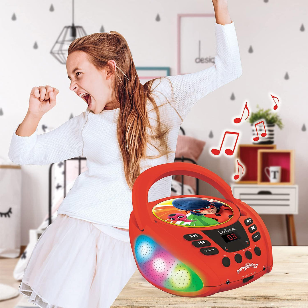 Lexibook, Miraculous Ladybug Cat Noir, Bluetooth-CD-Player für Kinder, tragbar, mehrfarbige Lichteff