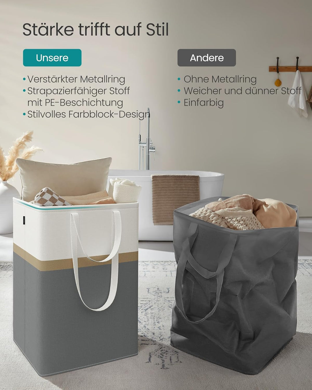 SONGMICS Wäschekorb 2er Set, 110 L Wäschesammler faltbar, mit kurzen und langen Griffen, leicht zu t