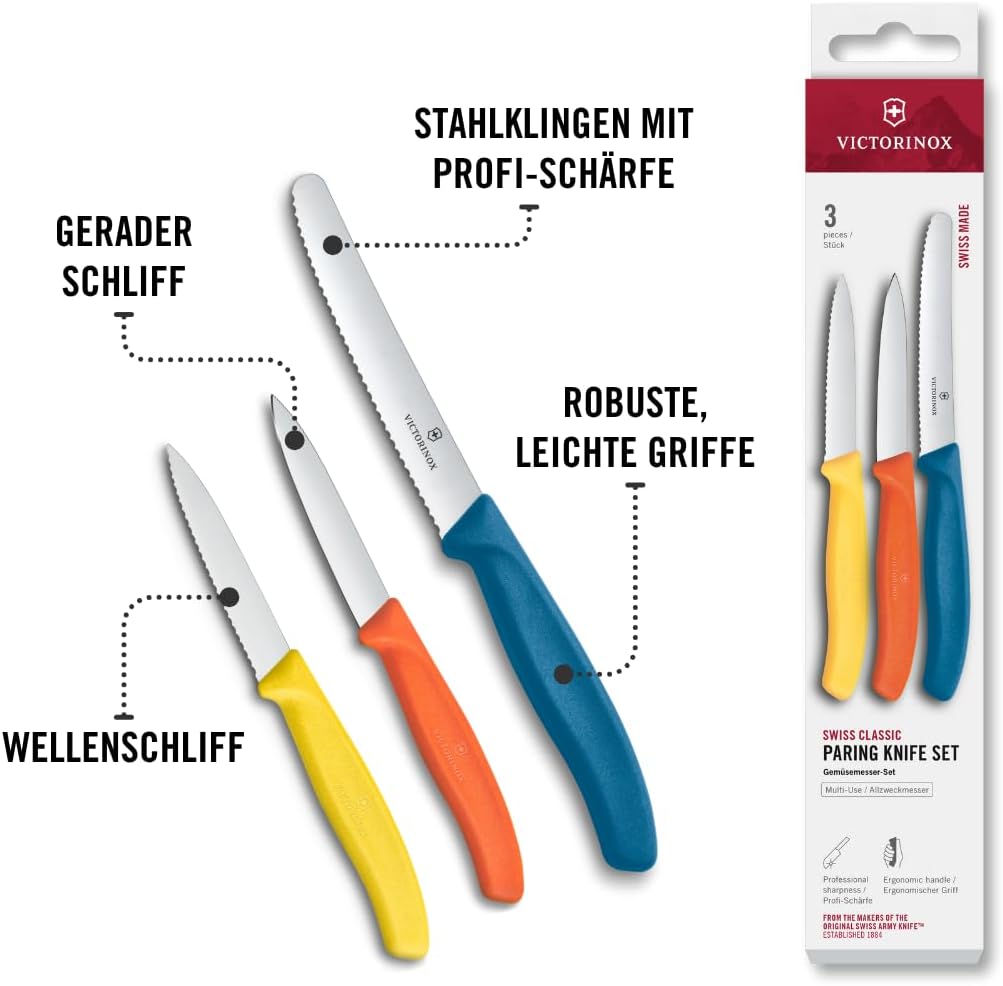 Victorinox Swiss Classic Küchenmesser Set, 3teilig, Gemüse-, Tomaten- und Frühstücksmesser, Scharfe