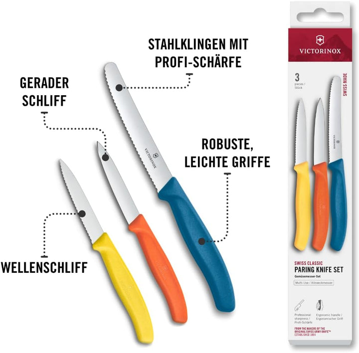 Victorinox Swiss Classic Küchenmesser Set, 3teilig, Gemüse-, Tomaten- und Frühstücksmesser, Scharfe