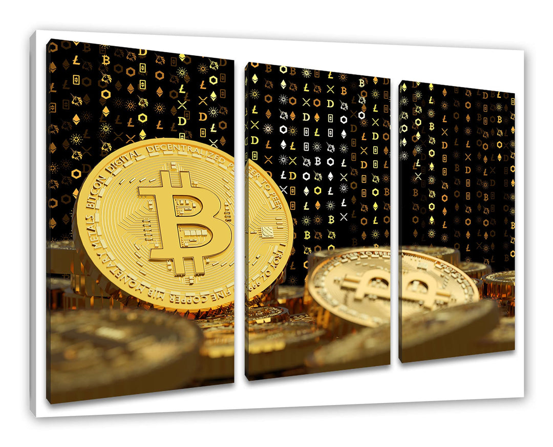 Bitcoin BTC Kryptowährung als Leinwandbild 3 teilig | Grösse: 120x80 cm | Wandbild | Kunstdruck | fe