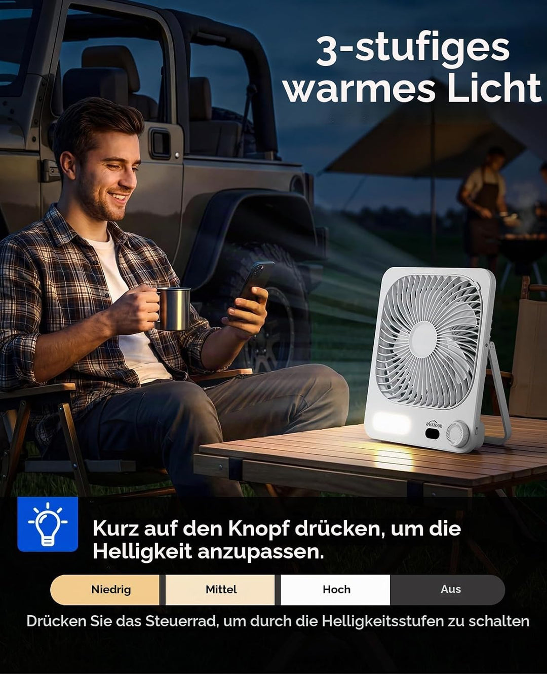 Akku Ventilator: 10000mAh 40H Tischventilator Leise mit 100 Stufen, 15s Auto-Aus LED Display, Reinig