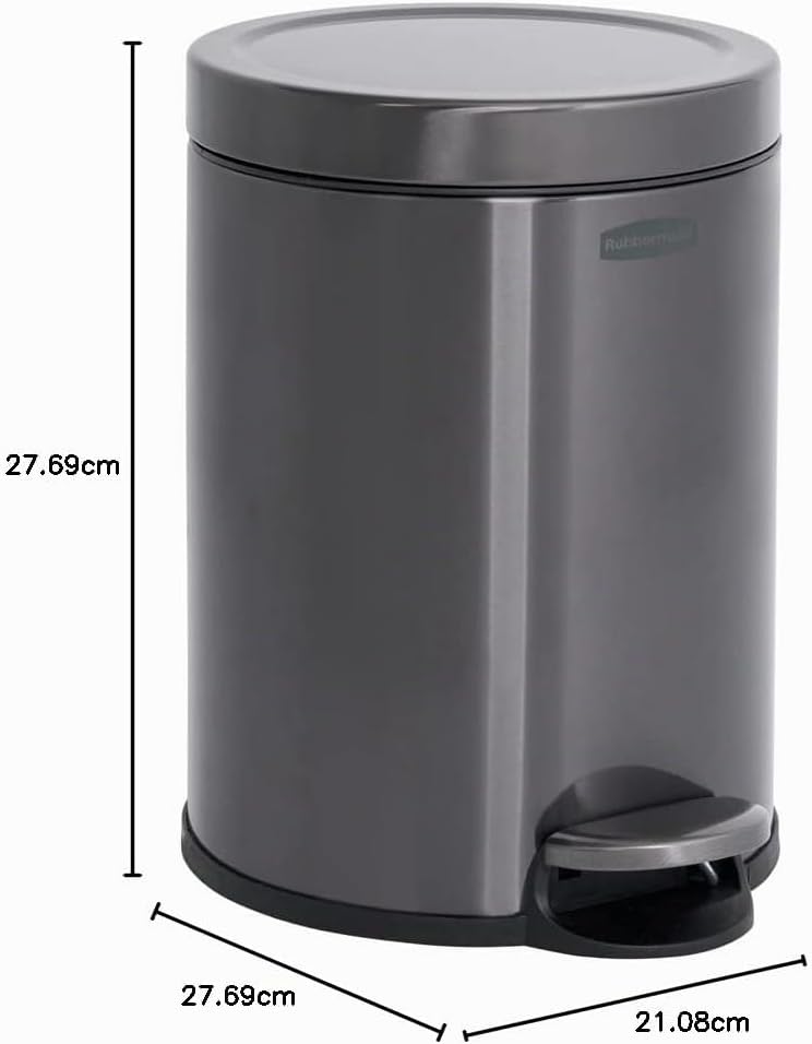 Rubbermaid Runder Step-On Mülleimer 6L Anthrazit Edelstahl – Kleiner Pedaleimer mit langsam schliess