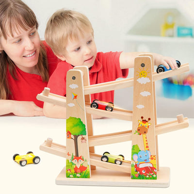 Kugelbahn Holz,Premium Holzspielzeug mit 4 Autos,Autorennbahn Holz Spielzeug für Jungen Geschenke Ge