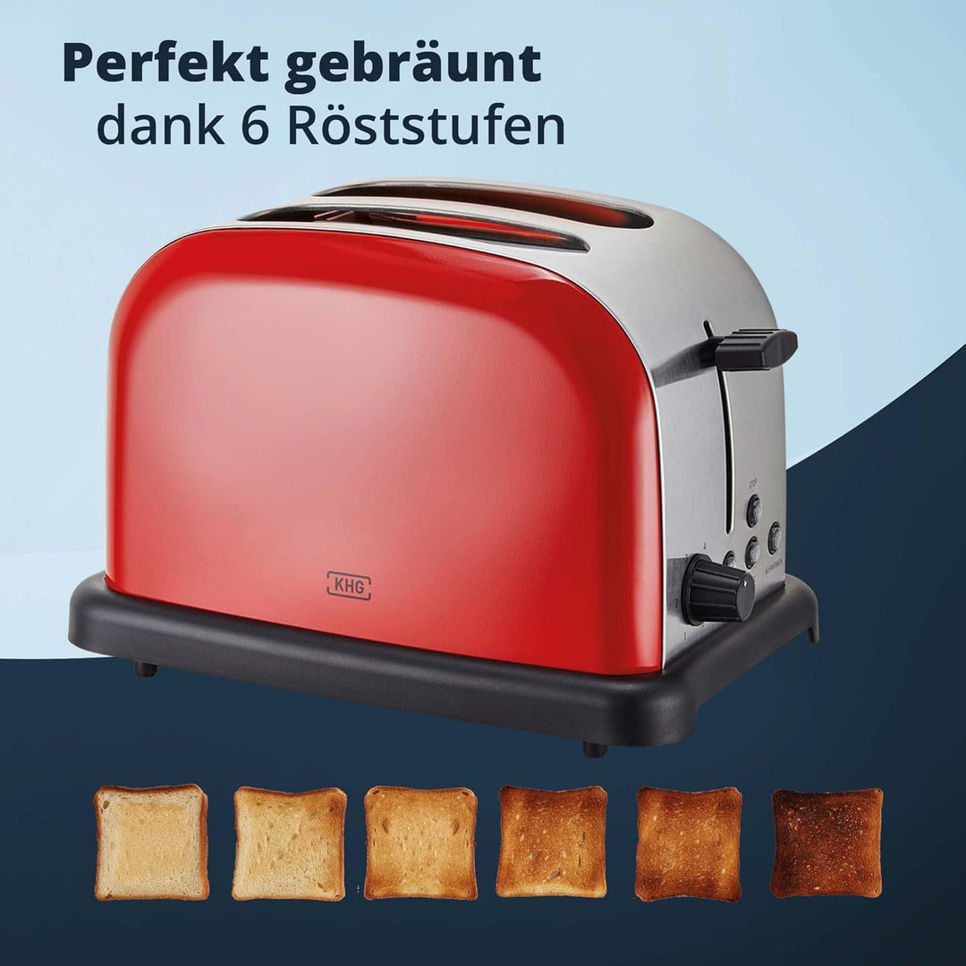 KHG Edelstahl Toaster mit Brötchenaufsatz, 2 Scheiben | 6 Bräunungsstufen mit Bräunungskontrolle, Kr