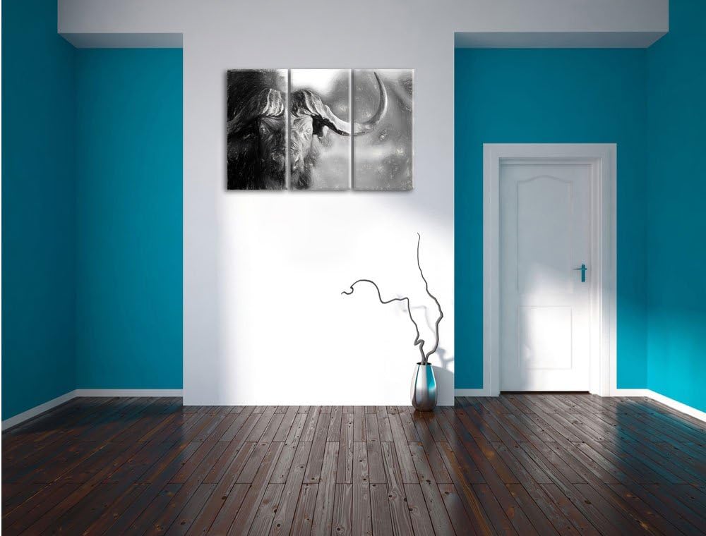 Pixxprint Kaffernbüffel mit kräftigen Hörnern Kunst Kohle Effekt 3-Teiler Leinwandbild 120x80 Bild a
