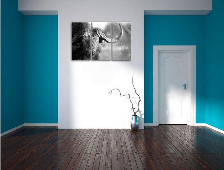 Pixxprint Kaffernbüffel mit kräftigen Hörnern Kunst Kohle Effekt 3-Teiler Leinwandbild 120x80 Bild a