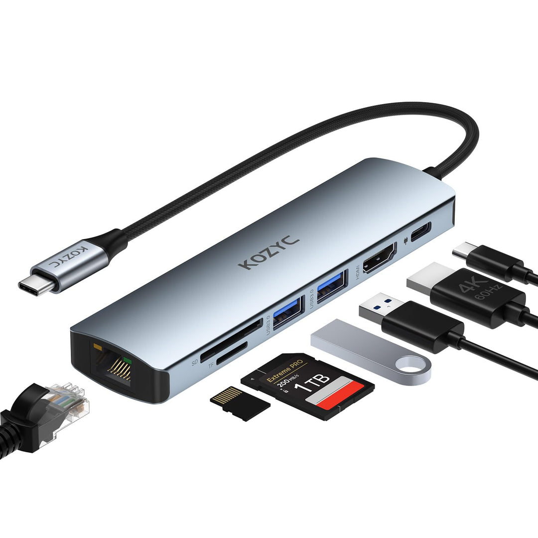 USB C Hub HDMI Ethernet, KOZYC 7 in 1 USB C Hub HDMI 4K @ 60Hz, 1Gbps Ethernet, 100W PD Charging, 2