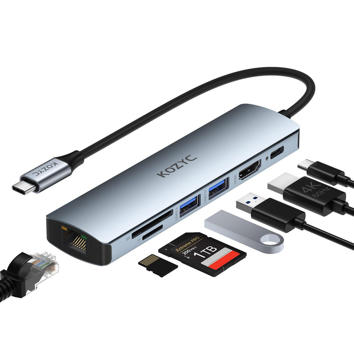 USB C Hub HDMI Ethernet, KOZYC 7 in 1 USB C Hub HDMI 4K @ 60Hz, 1Gbps Ethernet, 100W PD Charging, 2