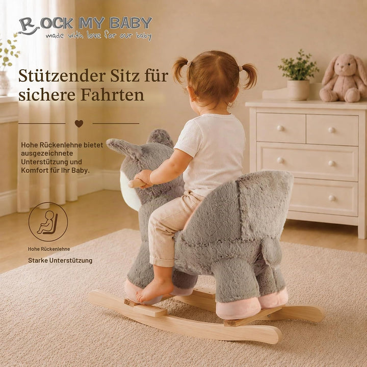 Plüsch Rocking Horse - weicher gefüllter Körper, Sicherheitssitz Stuhl, Holz Rockers, Musikknopf - K