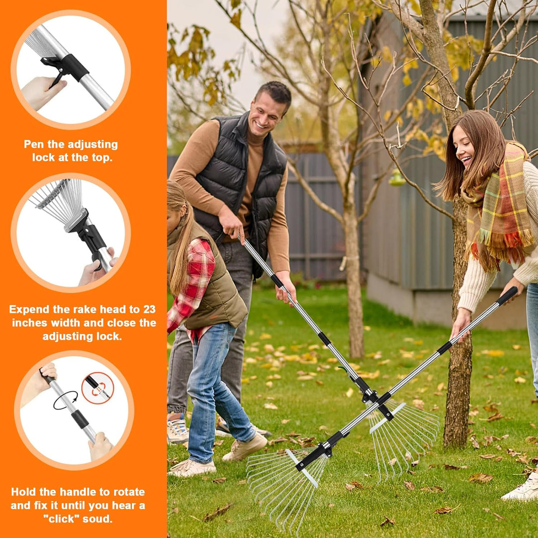Laubbesen,Gartenrechen,mit 215cm Verstellbare Metallstange und Handschuhe,Laubrechen,Fächerbesen Lau