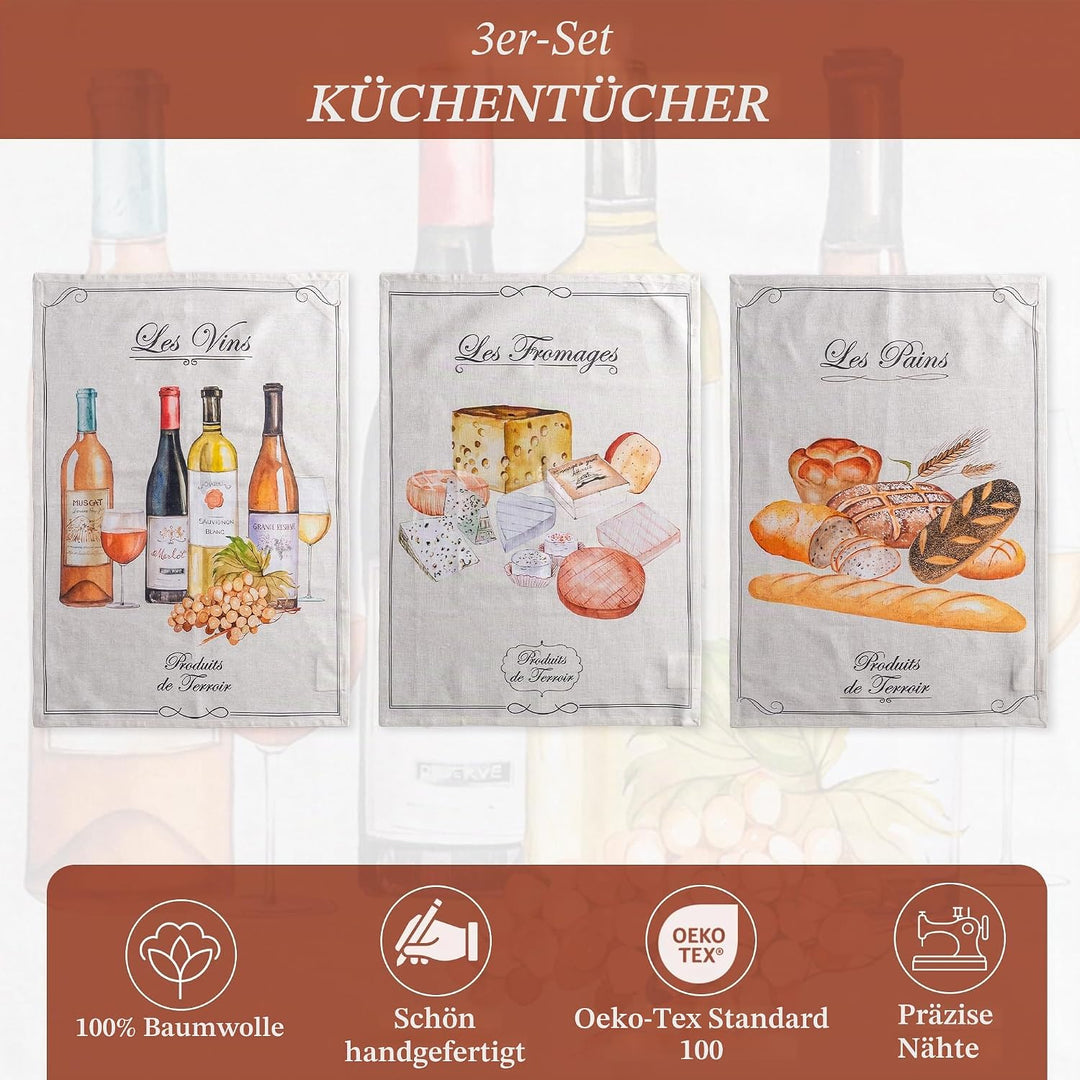 Maison d' Hermine Terroir 100% Baumwolle Set von 3 Mehrzweck-Küchentüchern, weich, saugfähig, Geschi