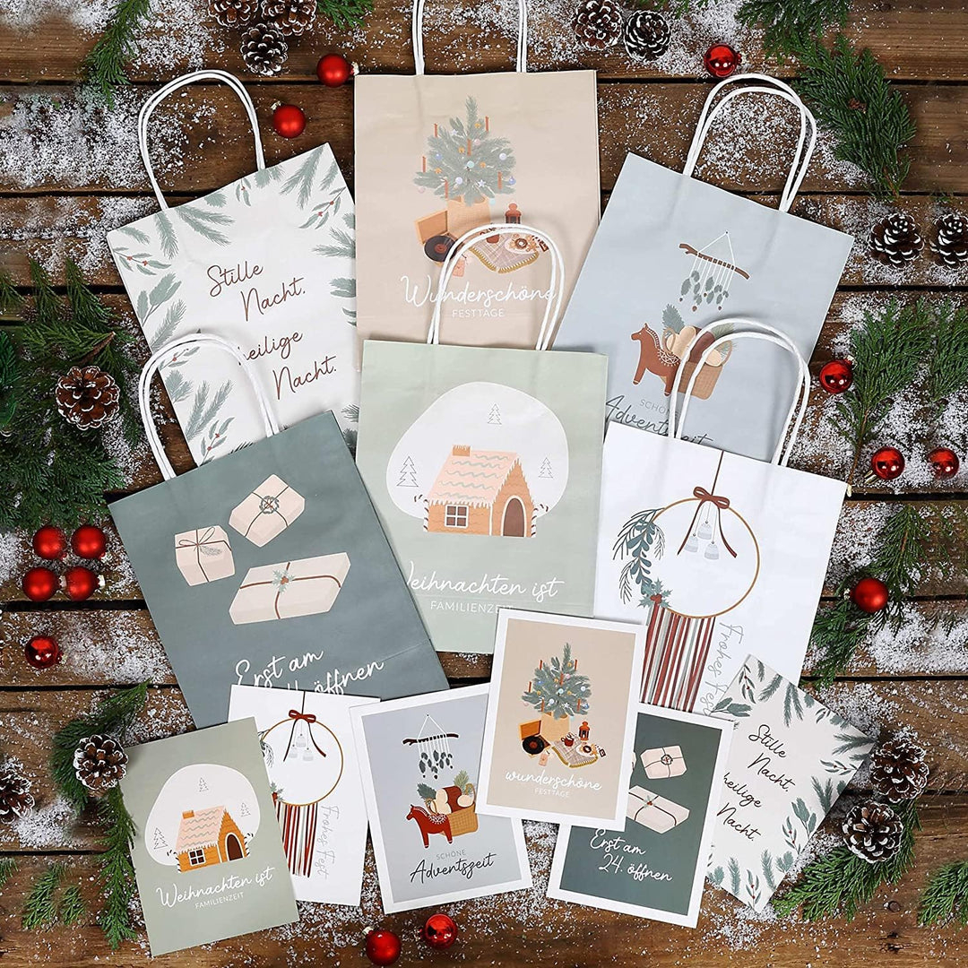 Papierdrachen Geschenktüten Weihnachten gross - 6 Stück - pastell - Scandi-Stil - 22×18×8 cm - inkl.
