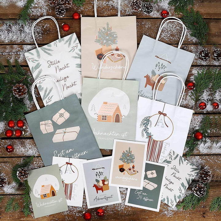 Papierdrachen Geschenktüten Weihnachten gross - 6 Stück - pastell - Scandi-Stil - 22×18×8 cm - inkl.