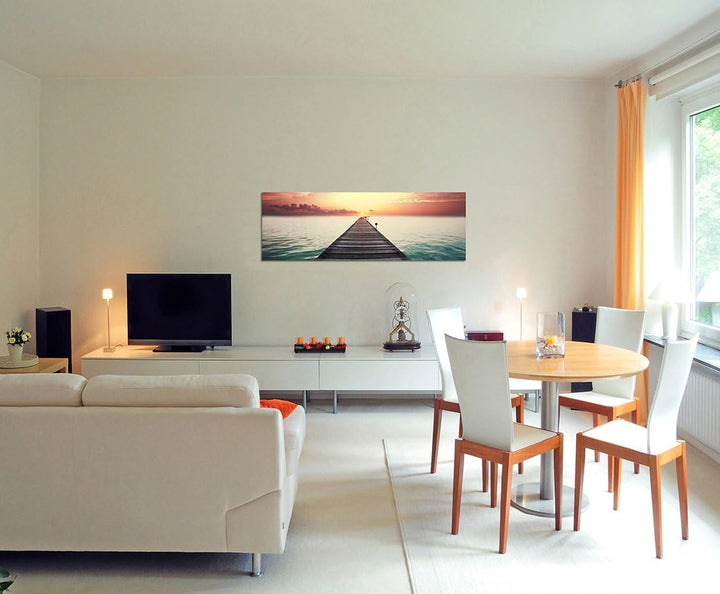 Paul Sinus Art Panoramabild auf Leinwand und Keilrahmen 150x50cm Meer Strand Steg Wolkenhimmel Abend