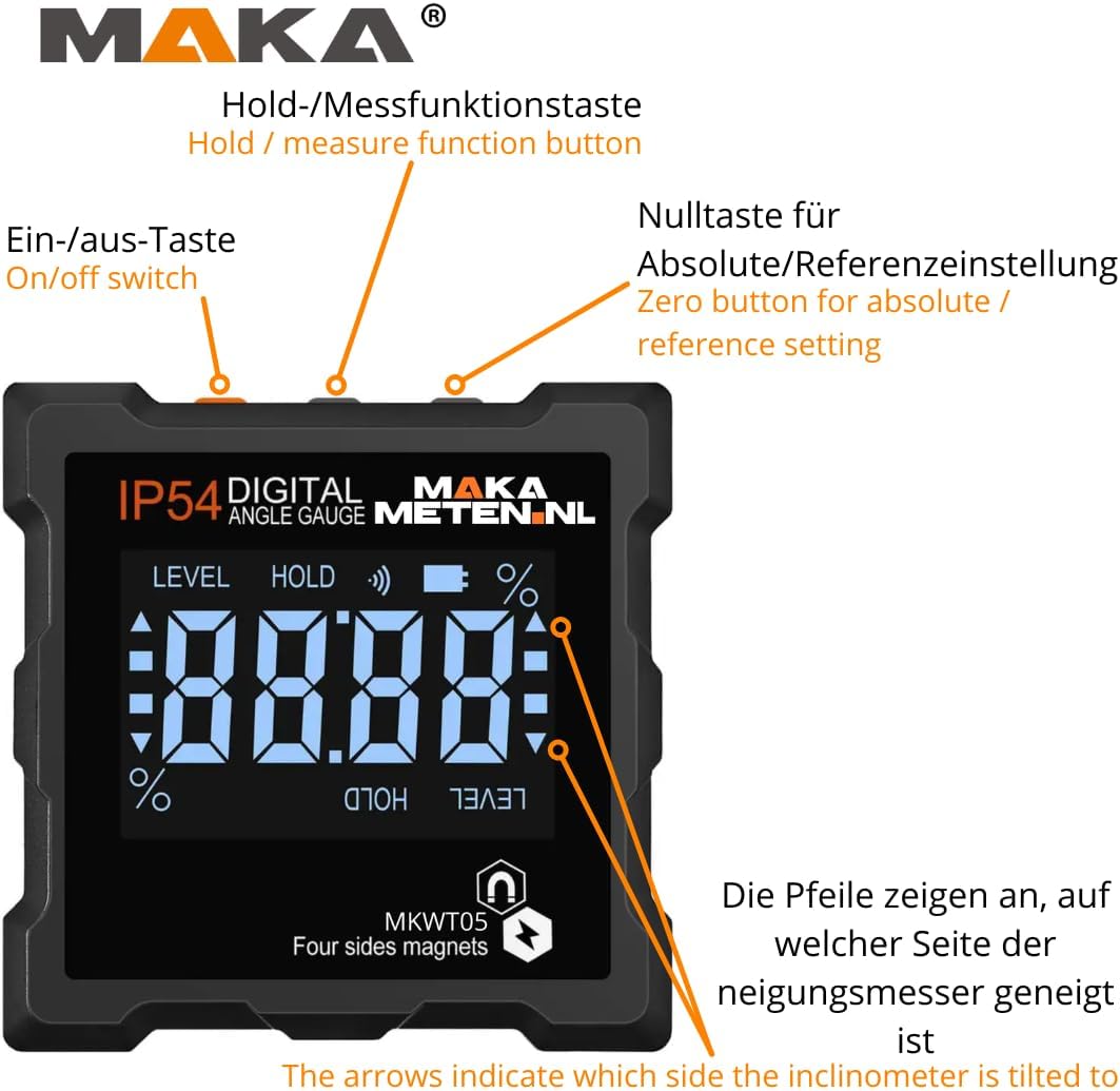 MAKA Digitale Neigungsmesser - Genauigkeit von 0,1° bis 0,2° - Magneten auf allen Seiten - Helles LC