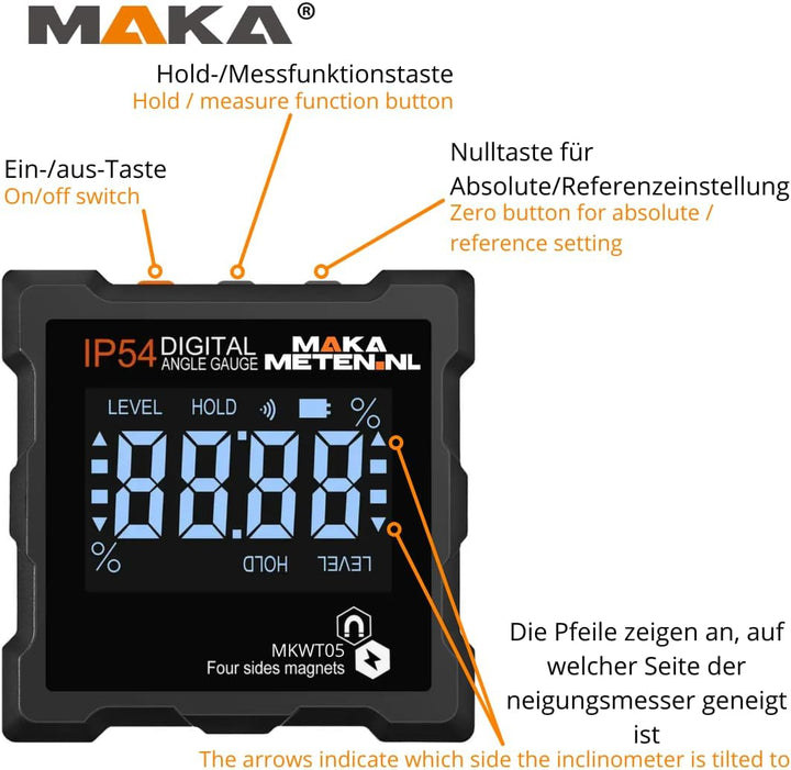 MAKA Digitale Neigungsmesser - Genauigkeit von 0,1° bis 0,2° - Magneten auf allen Seiten - Helles LC