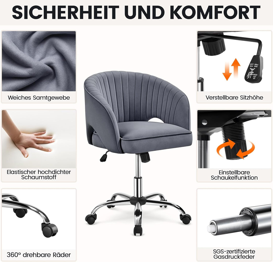 Yaheetech Bürostuhl mit Samtbezug, Ergonomischer Schreibtischstuhl mit Armlehnen, Drehstuhl mit Roll
