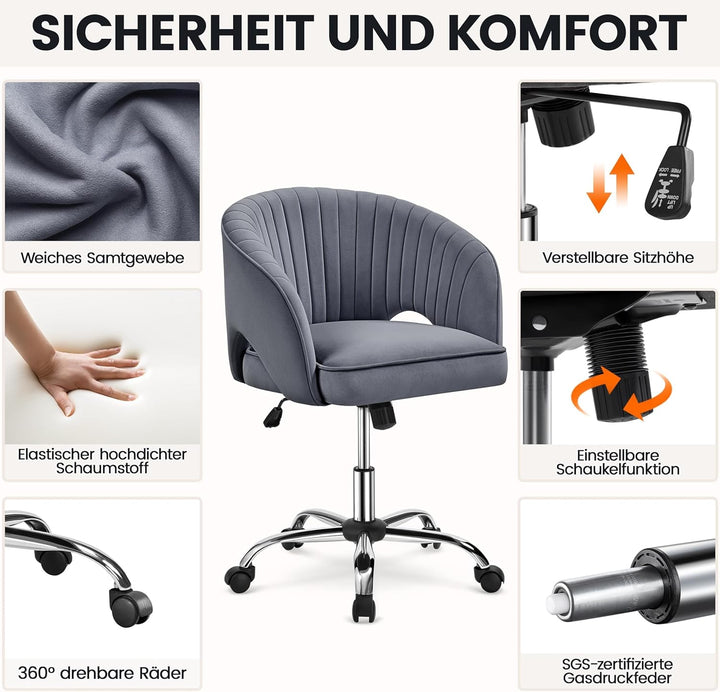 Yaheetech Bürostuhl mit Samtbezug, Ergonomischer Schreibtischstuhl mit Armlehnen, Drehstuhl mit Roll
