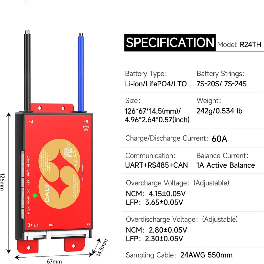 DALY BMS 24V-72V 60A integriertem 1A Aktiv-Balancer Bluetooth RS485 CAN | 7S-24S LiFePO4 Li-Ion LTO