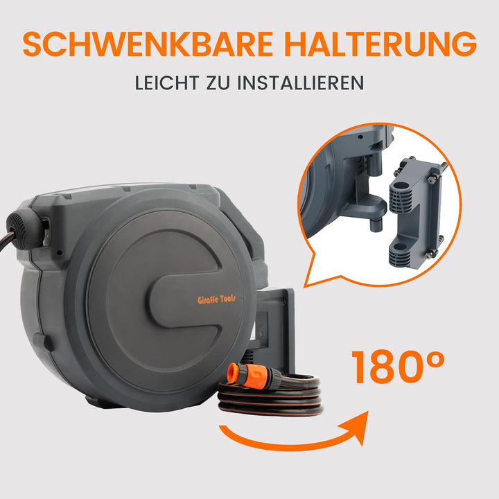 Giraffe Tools Automatikschlauchtrommel 25m+2m, Wandmontierte Gartenschlauch-Aufroller 180° Schwenkba