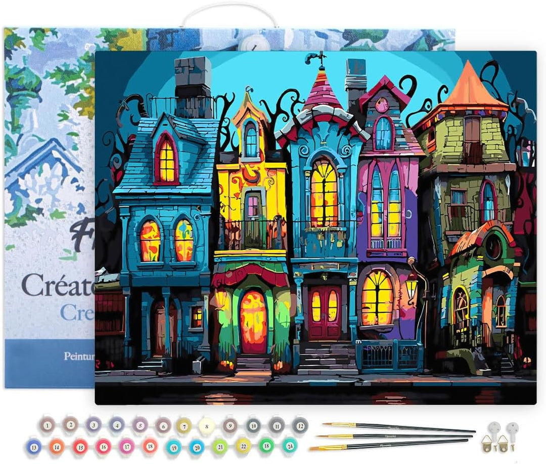 Figured'Art Malen Nach Zahlen Erwachsene Mit Rahmen Bunte Gotische Häuser - Paint by Numbers Basteln