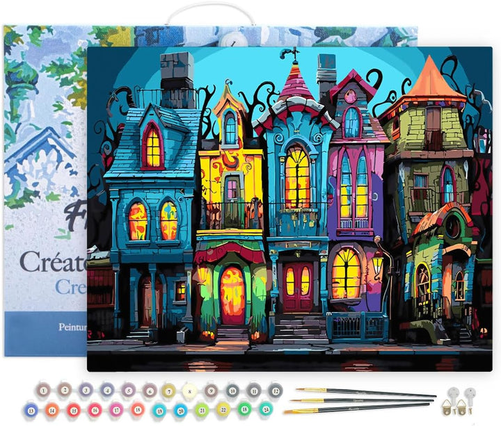 Figured'Art Malen Nach Zahlen Erwachsene Mit Rahmen Bunte Gotische Häuser - Paint by Numbers Basteln