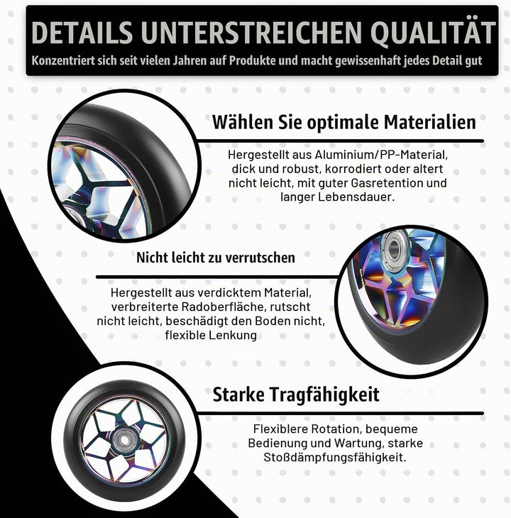 2 Stück Stunt Scooter Rollen 110 mm, Bunt Scooter Ersatzräder, 88A Rollerräder für Stunt mit ABEC-9