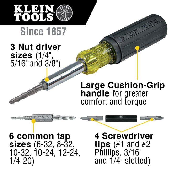 Klein Tools 32517 Multi-Bit-Schraubendreher/Gewindebohrer mit 6 gängigen Gewindebohrergrössen, 4 Sch