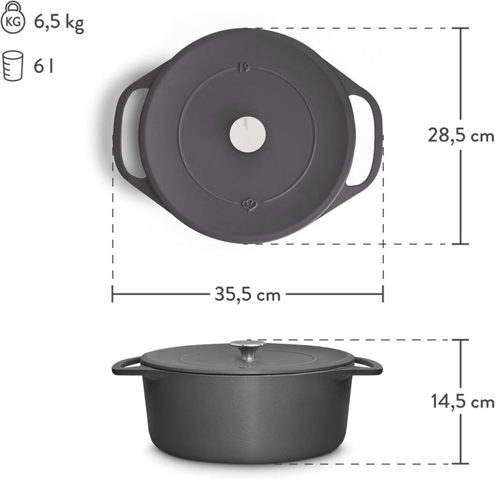 SPRINGLANE Cocotte mit Deckel, Grau, rund, 28 cm, 6 L, Gusseisen Bräter, Schmortopf Induktion… 28cm