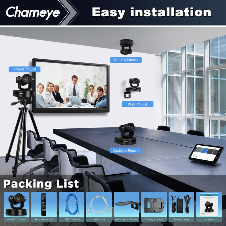Chameye 4K PTZ Kamera mit KI-Auto-Tracking 10x Optischer Zoom, Konferenzkamera 4K mit HDMI, LAN(PoE)