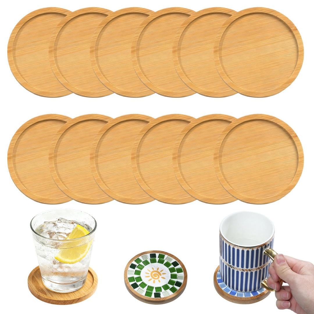12 Stück Untersetzer Holz, Round Holzuntersetzer Bambus Untersetzers Mosaik Untersetzer Bastelset Kl