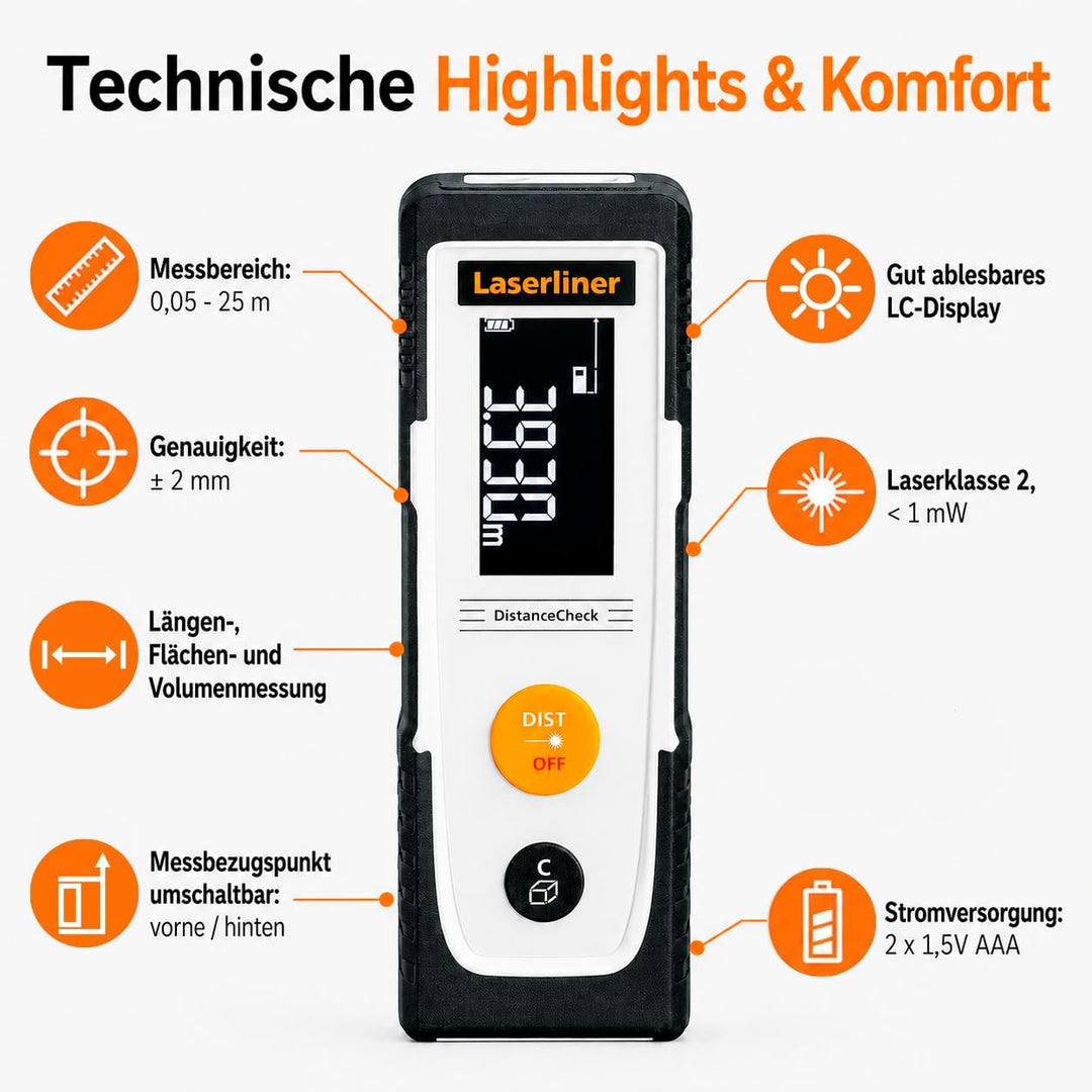 Laser-Entfernungsmesser, DistanceCheck 25, mit Flächen- &amp; Volumenberechnung | Dauermessfunktion, Min