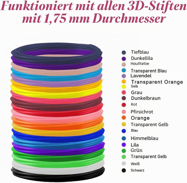 PLA 3D-Stift-Filament, 20 Farben, je 10 m – PLA-Filament für 3D-Stift, 1,75 mm, 3D-Stift-Farben, ein