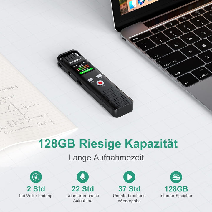 MECHEN 128GB Diktiergerät mit Spracherkennung, 1536kbps Aufnahmegerät mit MP3-Player, HD-Klangqualit