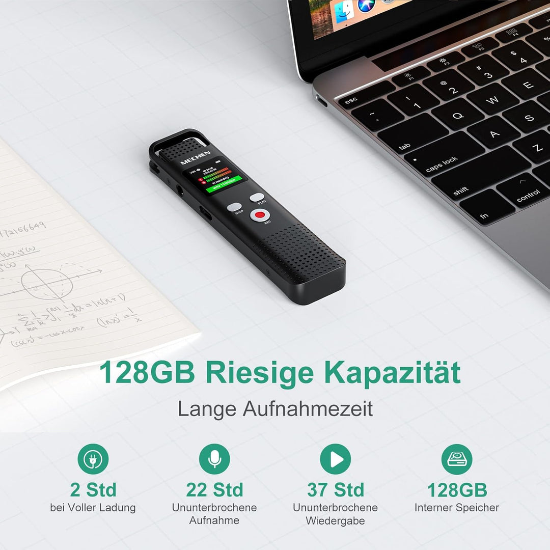 MECHEN V02 Diktiergerät 128GB, 1536kbps Digitales Aufnahmegerät mit One-Touch Aufnahme & Rauschunter