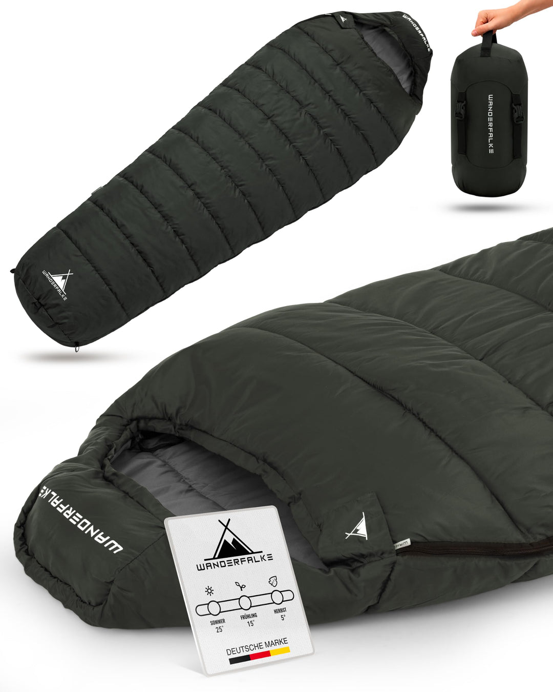 WANDERFALKE® Premium Schlafsack Erwachsene (Alpinist/Wanderer), 3-4 Jahreszeiten (480GSM) &amp; Sommersc