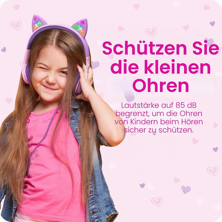 FosPower Kinderkopfhörer mit LED Katzenohren, 85dB Lautstärkebegrenzung, 3.5mm On-Ear Kabelgebundene