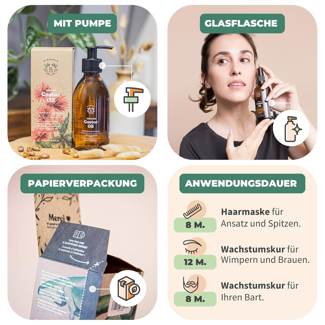 Bionoble Rizinusöl Bio 200ml - 100% Rein, Natürlich und Kaltgepresst - Wimpern, Augenbrauen, Haare,